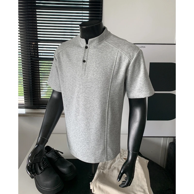 裁剪解构polo衫亨利立领短袖t恤男夏季美式潮牌痞帅宽松五分半袖