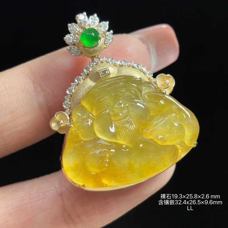 18K金镶嵌缅甸天然翡翠A货冰黄翡佛公吊坠LL（下单咨询客服）