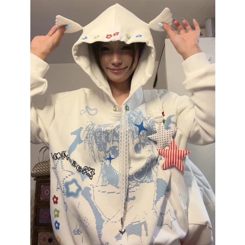 韩系白色连帽卫衣女2025秋冬新款薄款宽松慵懒风设计感小众上衣潮