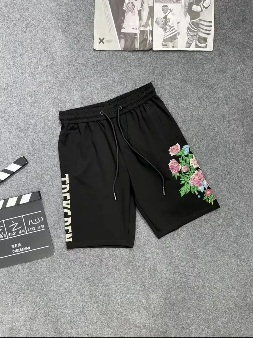 11990新款男士轻奢潮牌牡丹花国潮烫钻短裤潮流休闲百搭经典重工