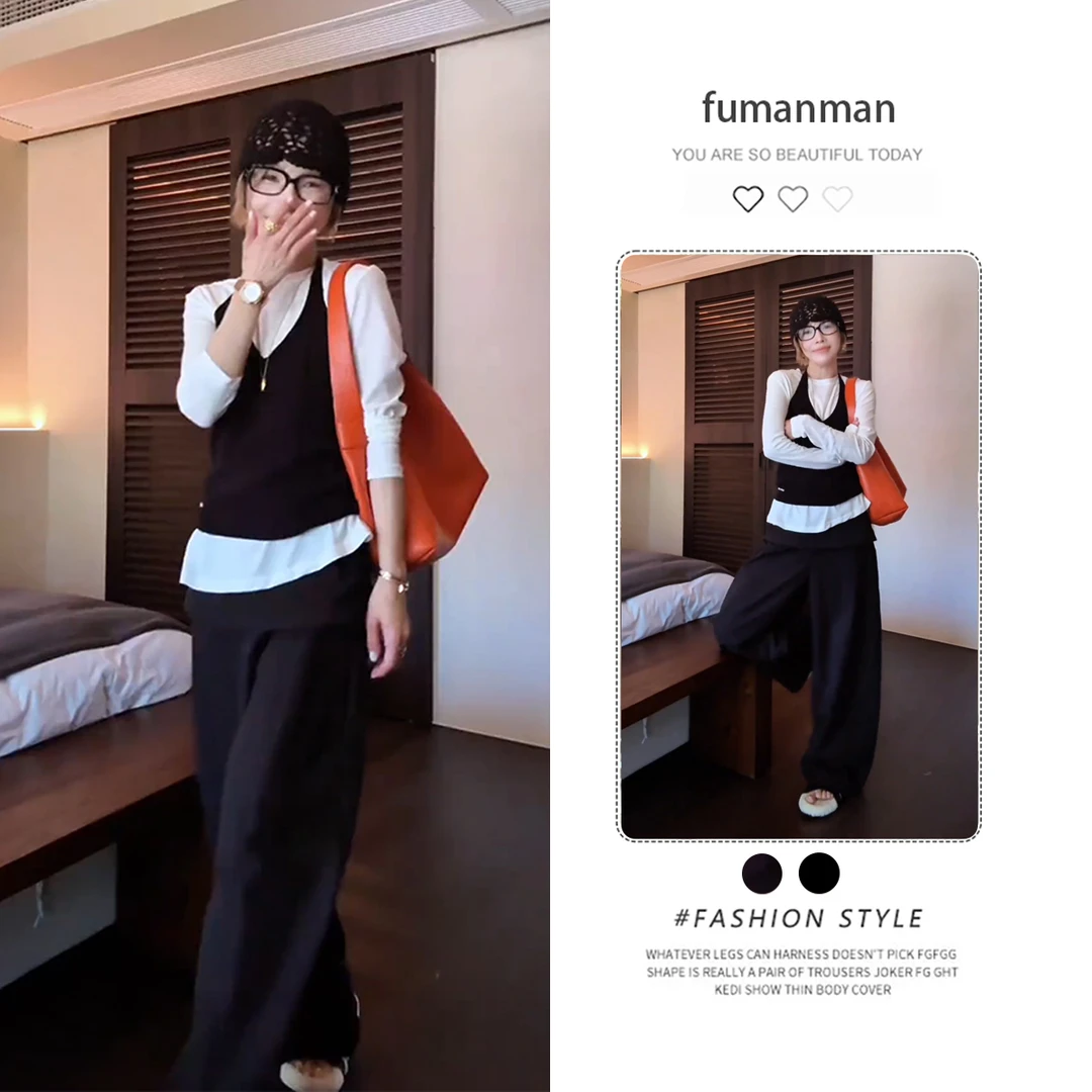 早秋套装女2025新款慵懒风百搭上衣显瘦吊带搭设计感休闲裤三件套