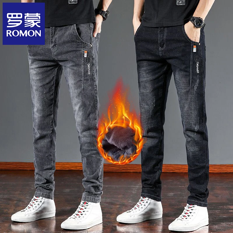 罗蒙高端牛仔裤男士秋冬季弹力修身小脚潮牌直筒加绒休闲裤子男款