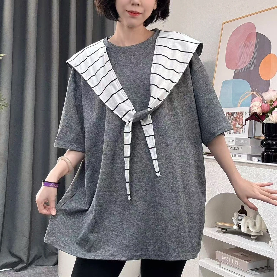 夏季新款纯色大版型宽松休闲假两件连帽短袖T恤G1806