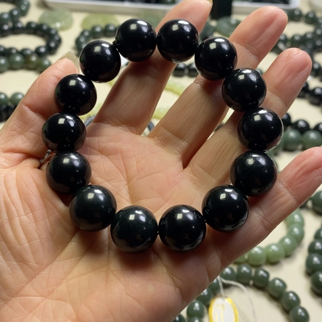 晓***曹和田玉未镶嵌手链新疆和田黑青玉卡16圆珠手串