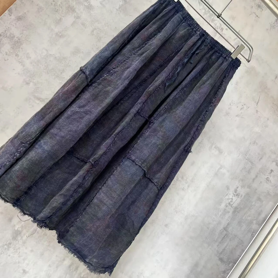 柔软天花板/拼接亚麻麻纱/软又轻 半身裙（蓝莲花）1093