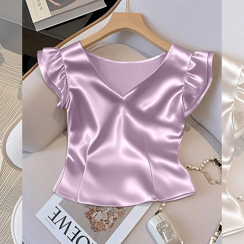 法式优雅轻奢紫色v领飞飞短袖缎面T恤女夏季款高级感减龄百搭小衫