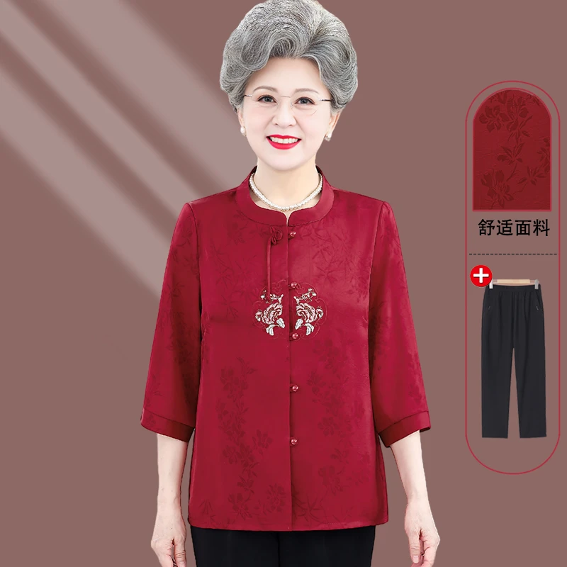 老年人夏装女奶奶装衬衫套装70岁80妈妈春秋上衣新款太太老人衣服