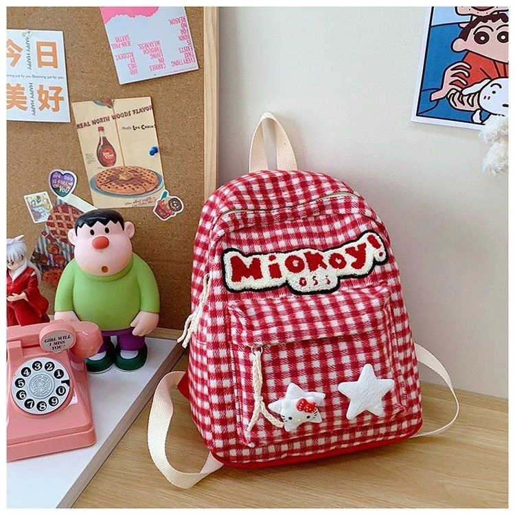 双肩包设计感小众女生初中学生格子背包红色ins书包时尚可爱包qy