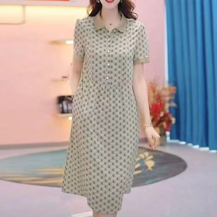 夏季休闲高腰极简风印花连衣裙时尚气质中长款