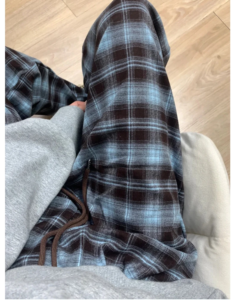 复古毛呢格子裤女秋冬大码胖mm宽松显瘦梨形身材阔腿加绒休闲裤子