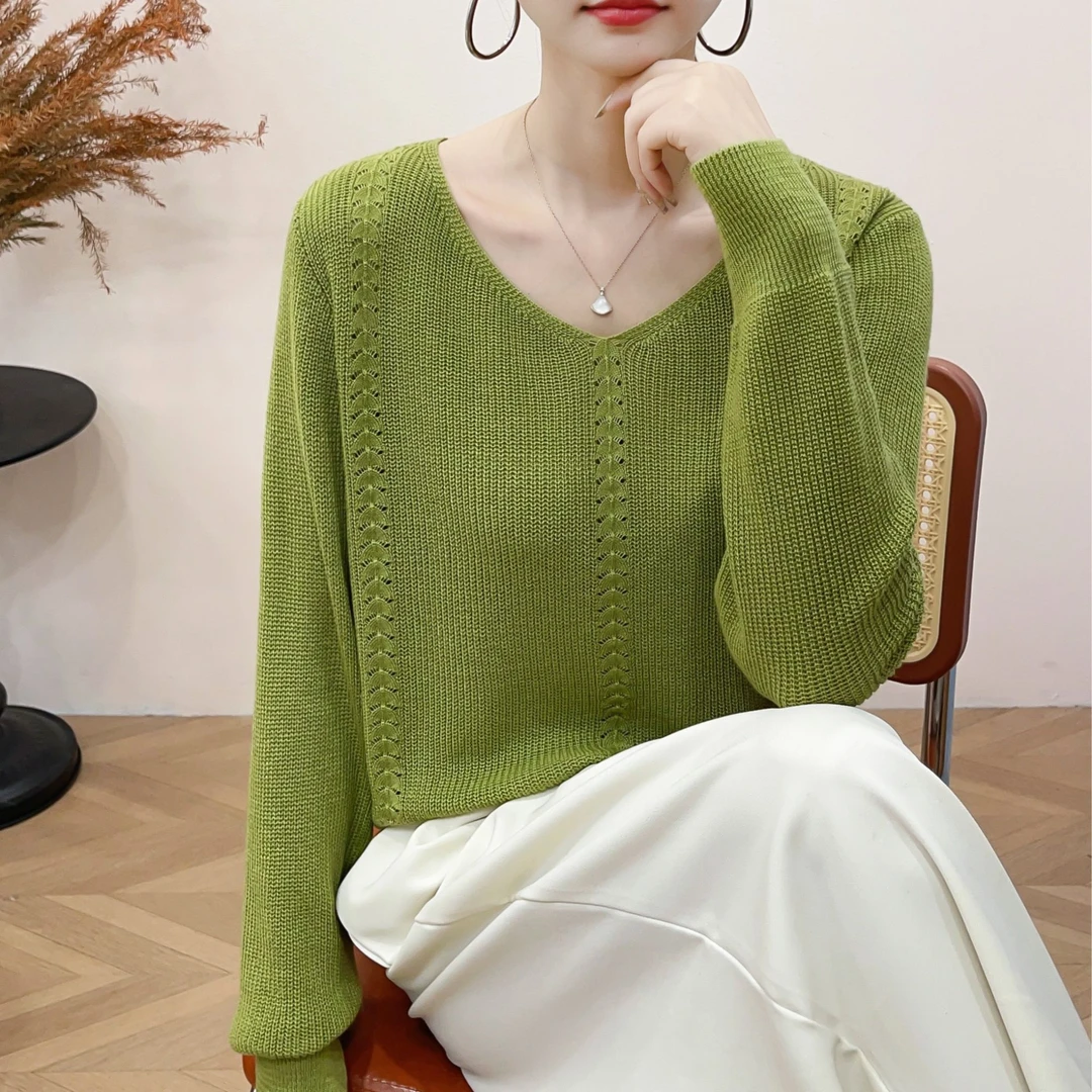 【羊毛天丝】早春新款薄款V领长袖上衣洋气时尚女装宽松显瘦针织衫