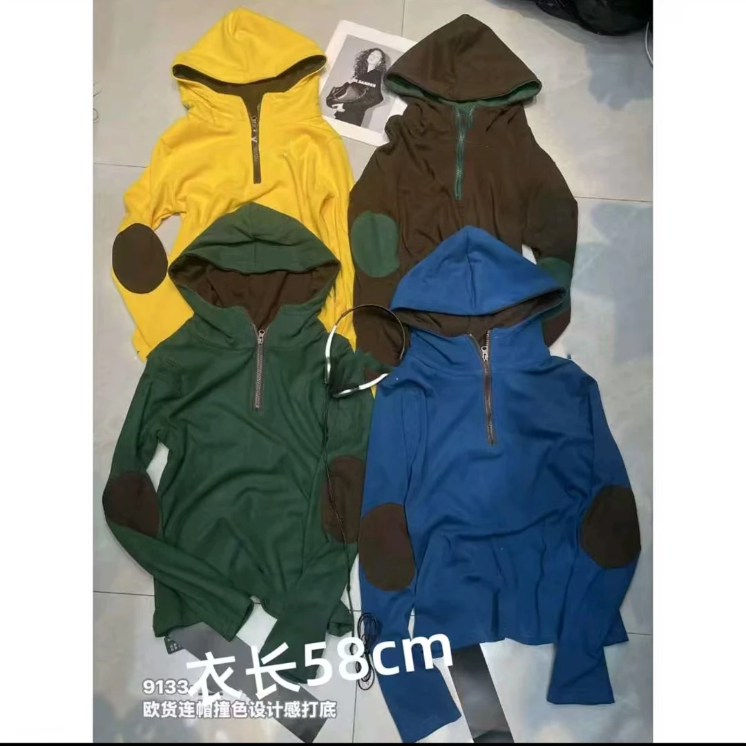 秋季新款时尚洋气设计感半拉链撞色连帽长袖打底衫
