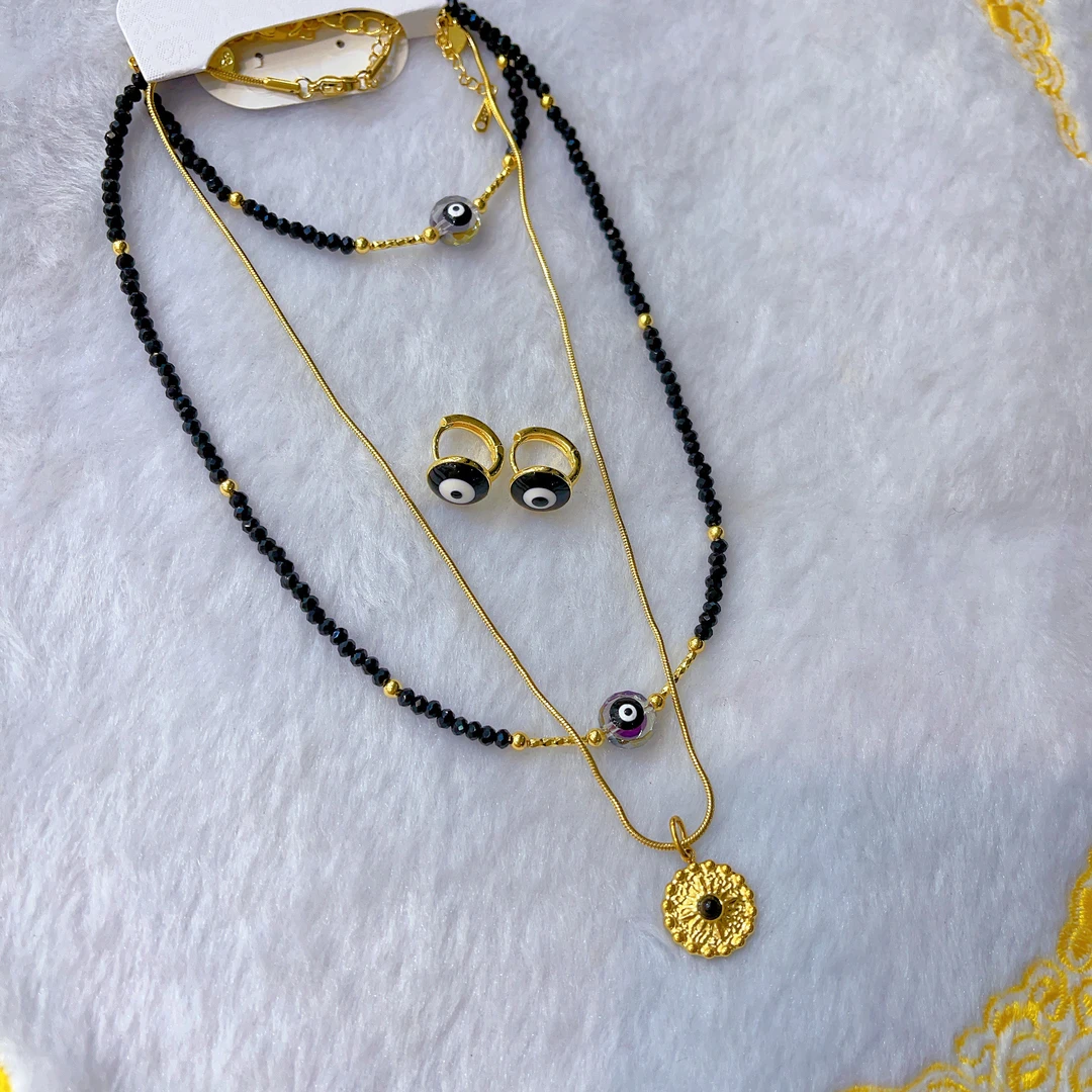 钛钢项链 476新款三件套首饰耳环项链戒指爆款白搭时尚金色铜合金