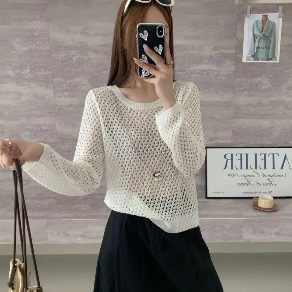 秋冬常规镂空毛针织衫女圆领落肩袖套头款女装宽松蕾丝长袖短款