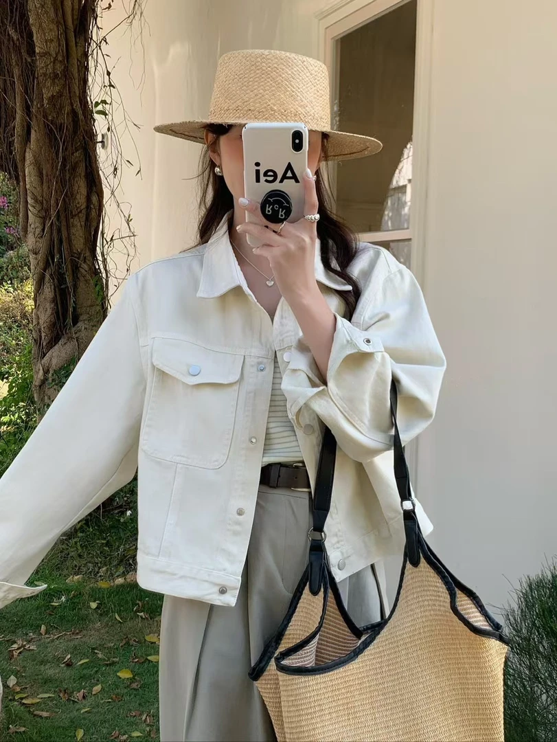短款纯色口袋牛仔外套2025春季新款韩版女装宽松洋气减龄杏色上衣