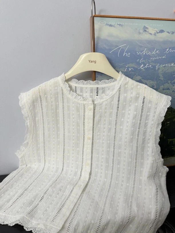 【一路生花】甜美风刺绣镂空无袖花边拼接衬衫女夏季法式小衫上衣