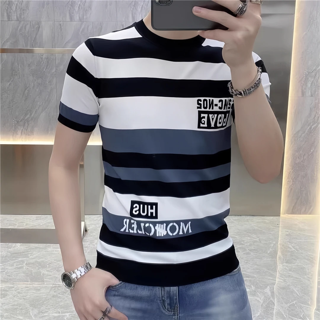 2025欧货轻奢男士针织冰丝短袖T恤条纹百搭夏季印花半袖上衣25363