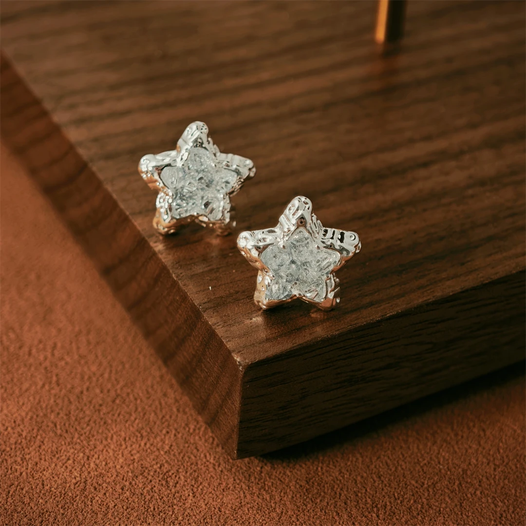 铜合金耳饰 蓝色冰晶~清新甜美五角星925银针液态耳钉女气质优