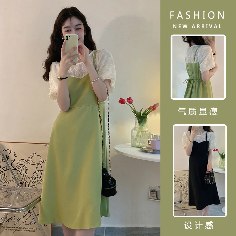 （现货）大码假两件中长款拼接连衣裙女夏法式气质小众短袖裙1161