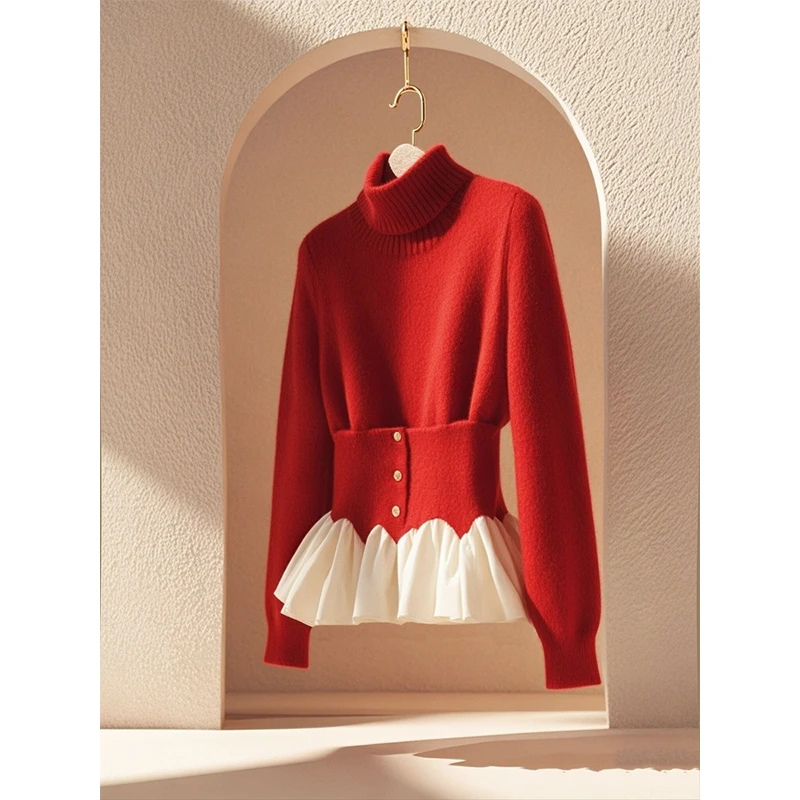 软糯慵懒风圣诞红色收腰毛衣女2024冬季独特超好看加厚针织衫上衣