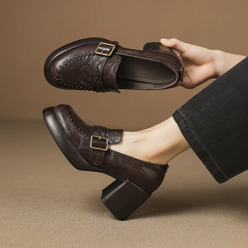 法式深口单鞋女春秋厚底圆头高跟鞋粗跟真皮英伦风棕色40乐福鞋女