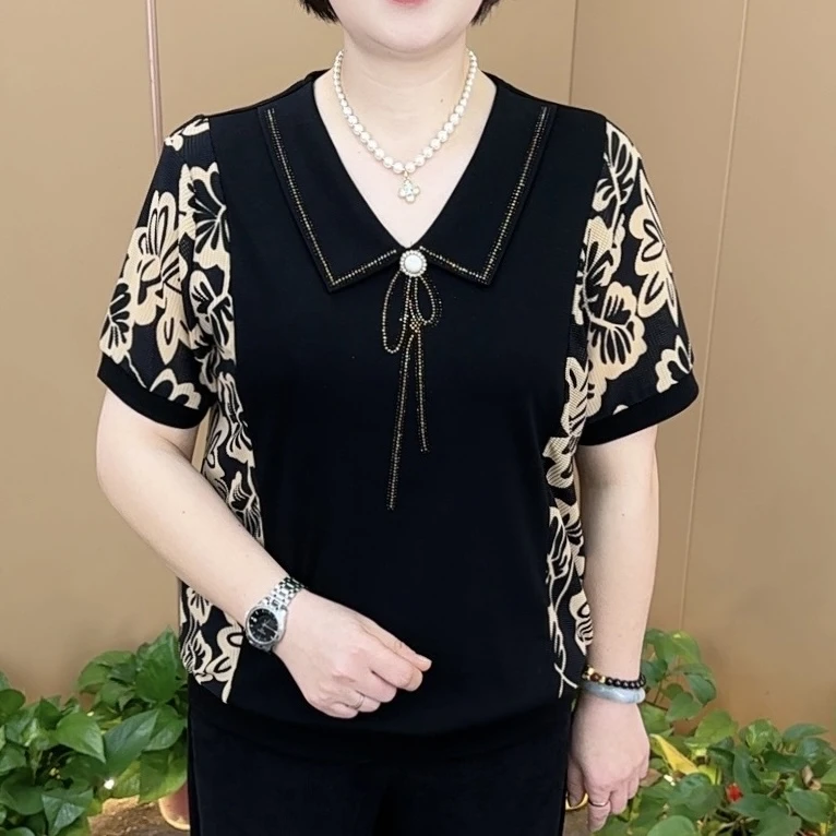 夏季中老年女装小衫纯色洋气时尚减龄拼接短袖时髦气质上衣H5816