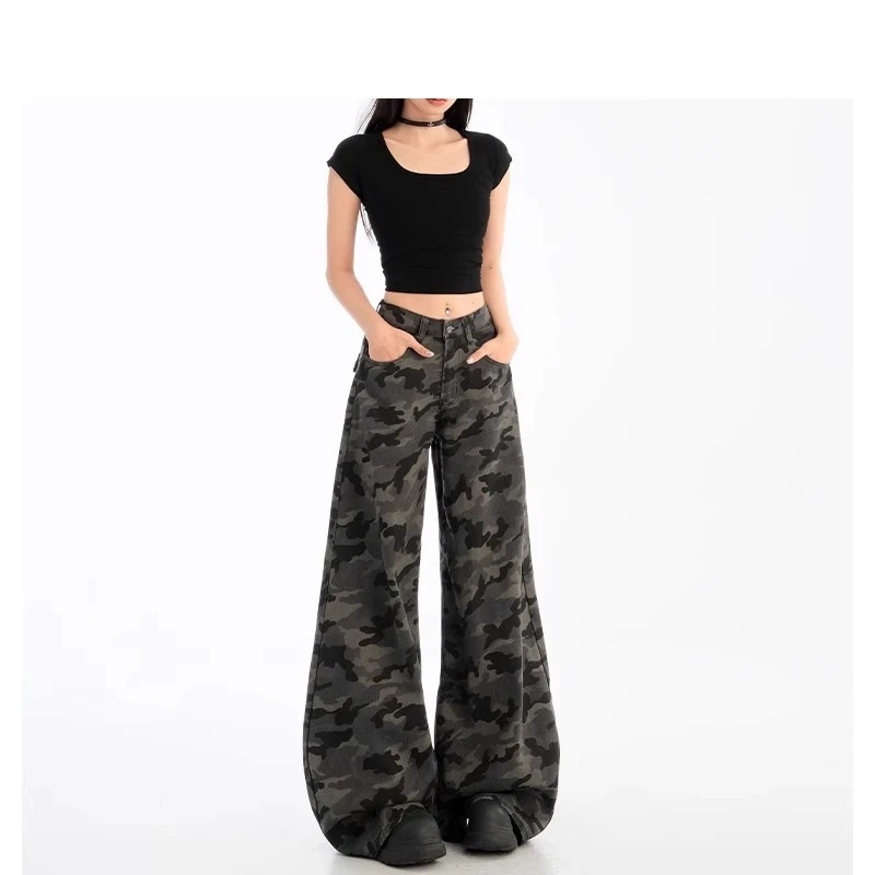 雪千羽美式迷彩阔腿牛仔裤女2025春夏新款高腰宽松垂感直筒拖地裤