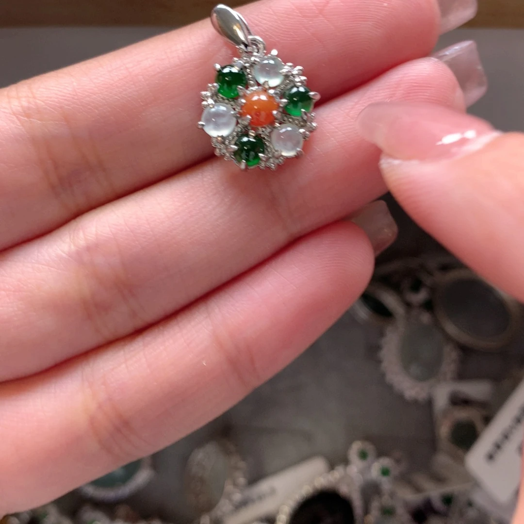 翡翠戒圈银S925镶嵌吊坠334