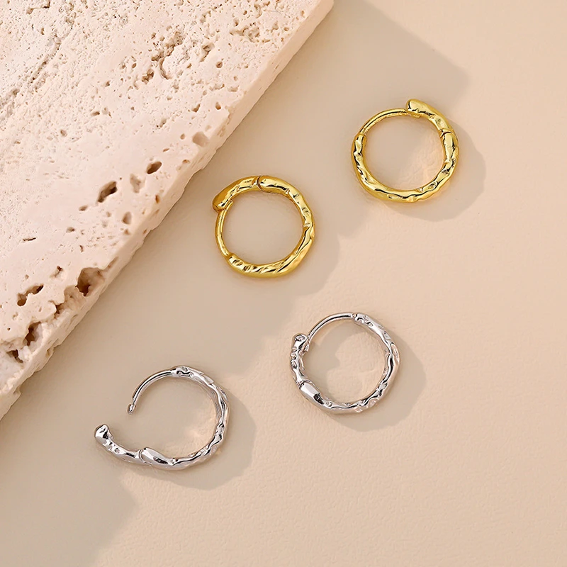 925银耳饰 S925纯银不规则肌理耳扣女耳环圈个性百搭时尚耳骨圈