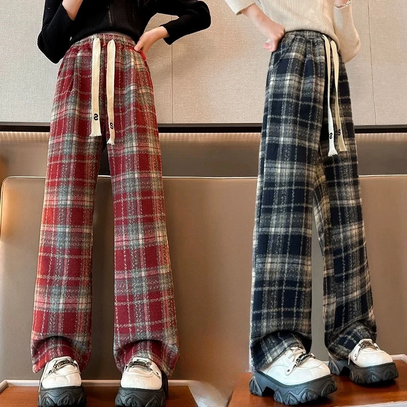 女童春秋薄款阔腿裤2025春秋新款格子洋气直筒裤中大童宽松长裤子