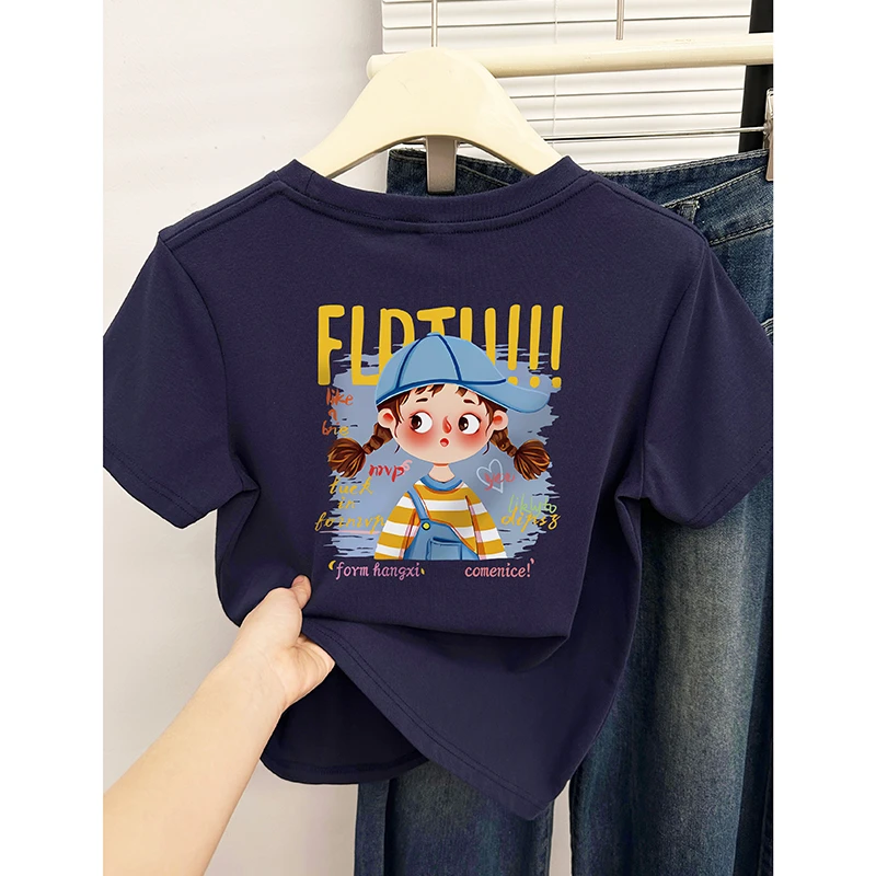夏季2025新款卡通小女孩印花正肩短袖T恤女通勤圆领漂亮小上衣潮