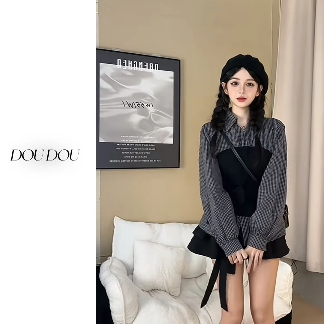 【秋季新款时尚洋气设计感翻领拼接绑带收腰长袖格子假两件衬衫】