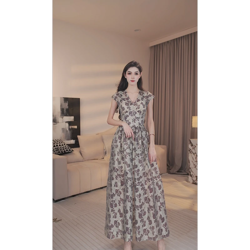尤克菲儿 原创轻奢高定欧根纱印花长裙夏季气质印花褶皱连衣裙