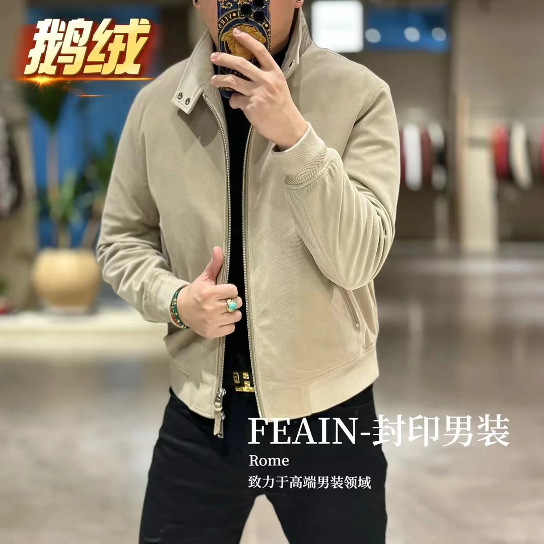 【鹅绒真皮】高端T*F方向真皮拼接斜纹灯芯条鹅绒服6659