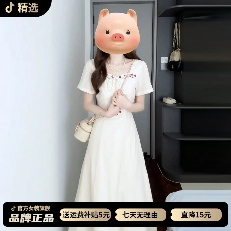 法式温柔风白色短袖连衣裙子女夏季2025新款小个子巨好看掐腰长裙