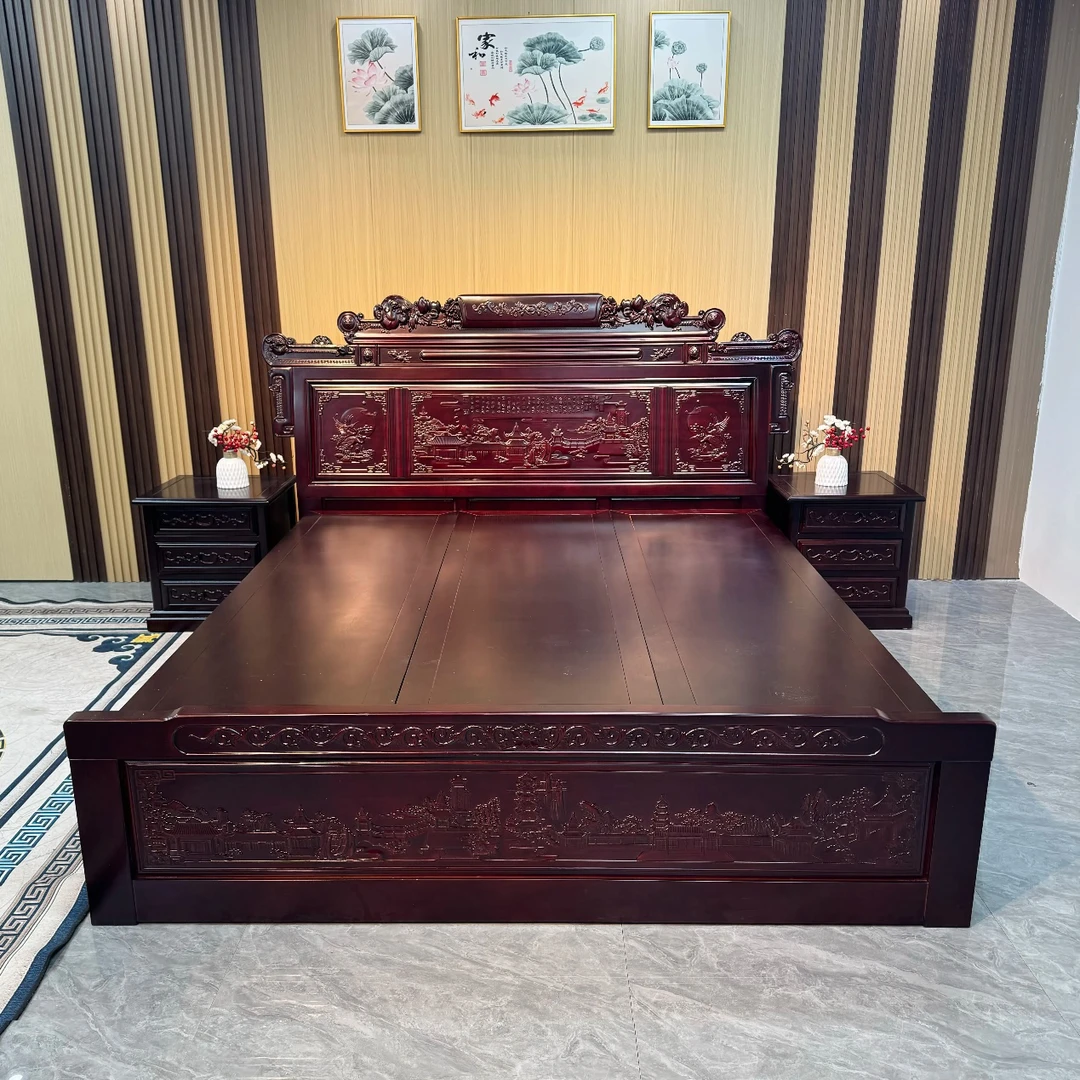红檀木高档仿古雕花实木双人床1.8米主卧实木床榫卯结构