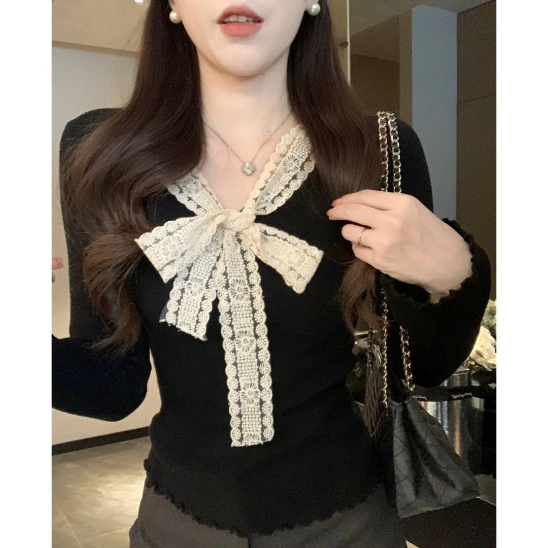 法式独特漂亮蝴蝶结绑带针织上衣女秋季新款内搭打底衫设计感小众