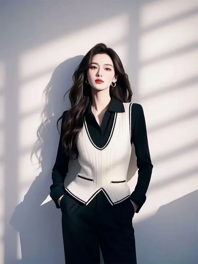 SS770今年爆款假两件白色针织衫拼接衬衫女2025早春内搭打底上衣