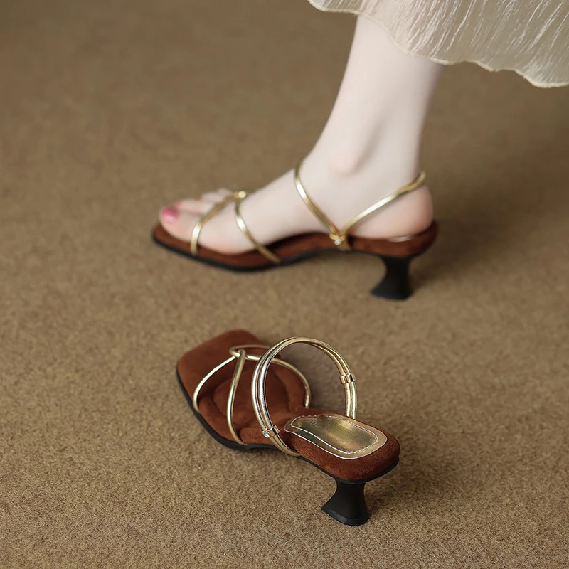 真羊皮两穿法式凉拖鞋外出2025新款中跟后空细跟超软方头凉鞋女夏