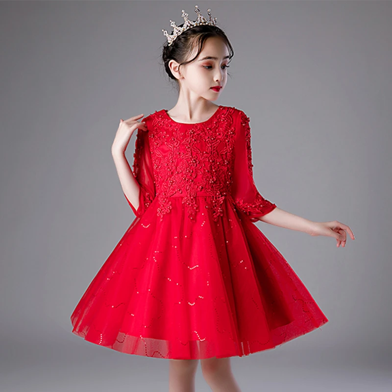 女童公主裙蓬蓬纱儿童高端红色礼服洋气花童婚礼小女孩主持人钢琴