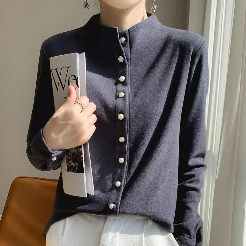 【商场同款】春季新款修身羊毛珍珠扣长袖衬衫女百搭衬衣摩登猫1001