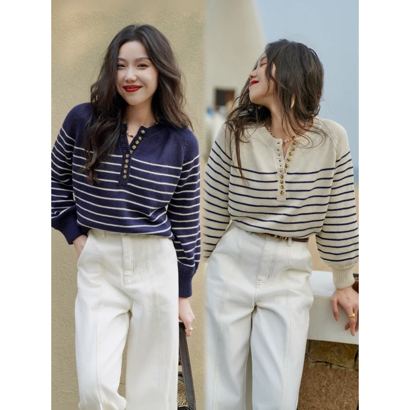 JUNJUN条纹纽扣羊毛毛衣，法国博主同款！经典优雅永不过时～
