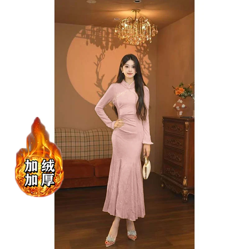 【加绒加厚】2025新中式气质连衣裙2025秋冬收腰显瘦裙子D4143