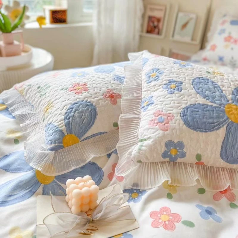 2025新款全棉床盖款四件套绗缝夹棉床裙款花边纯棉三件套单件被套