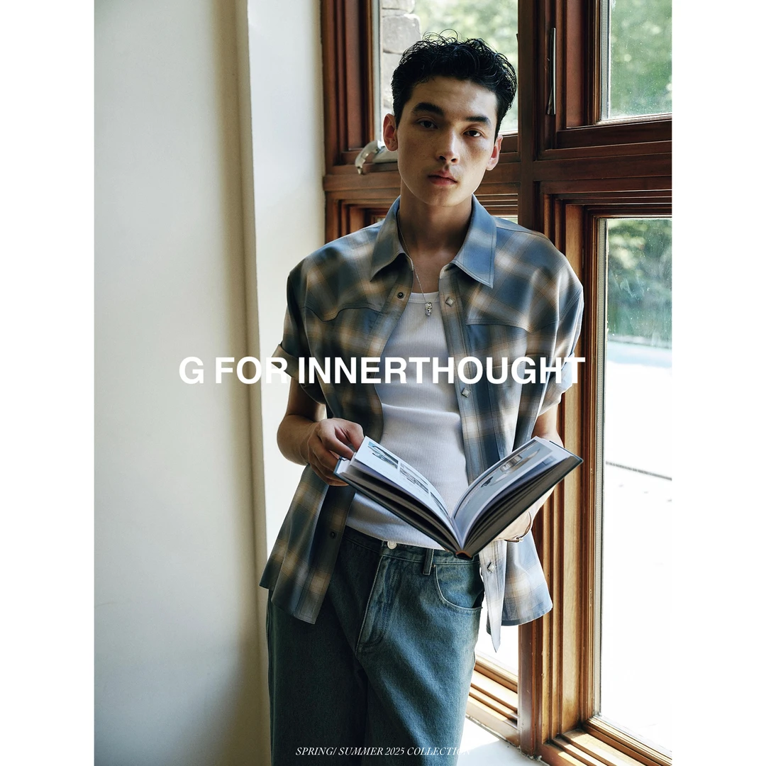 G FOR INNERTHOUGHT|日本产多色混纺色织格纹珠光扣宽肩短袖衬衫