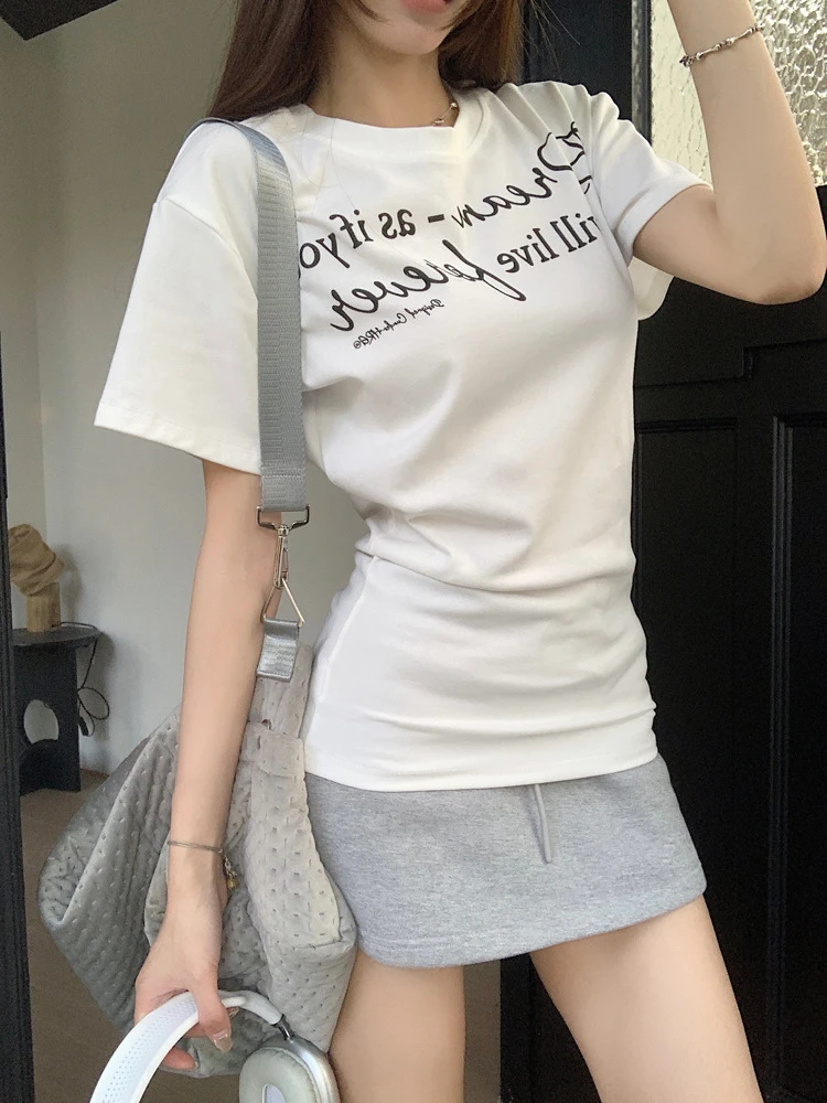 韩系辣妹风短袖T恤2025夏季新款修身显瘦印花中长款上衣女ins