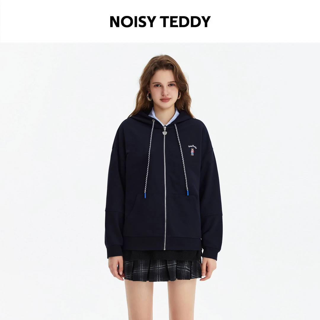 NOISY TEDDY学院风刺绣小熊连帽卫衣抽绳休闲百搭长袖开衫外套