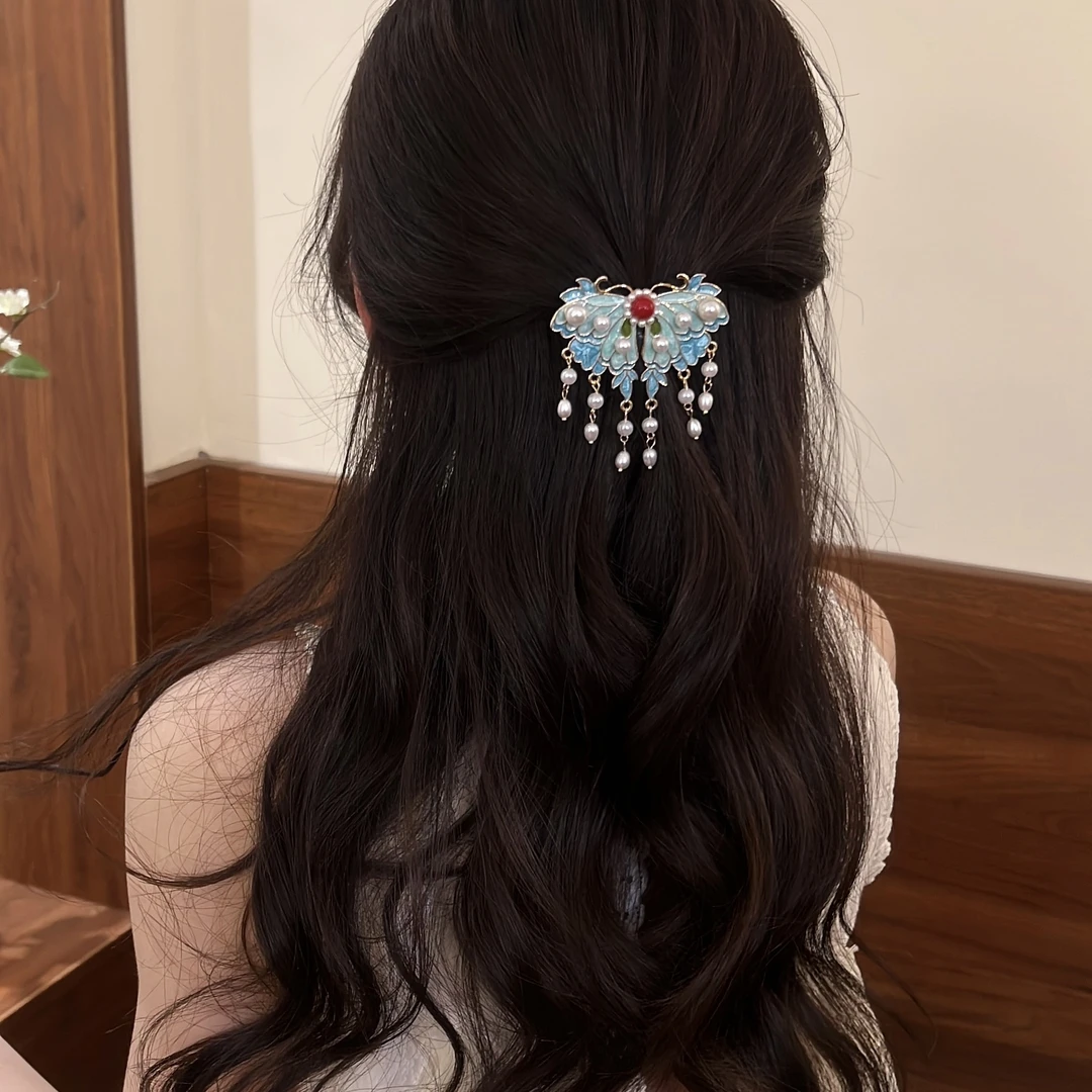新中式国风发饰珠珠流苏珐琅蓝蝴蝶发夹边夹一字夹优雅刘海夹发卡