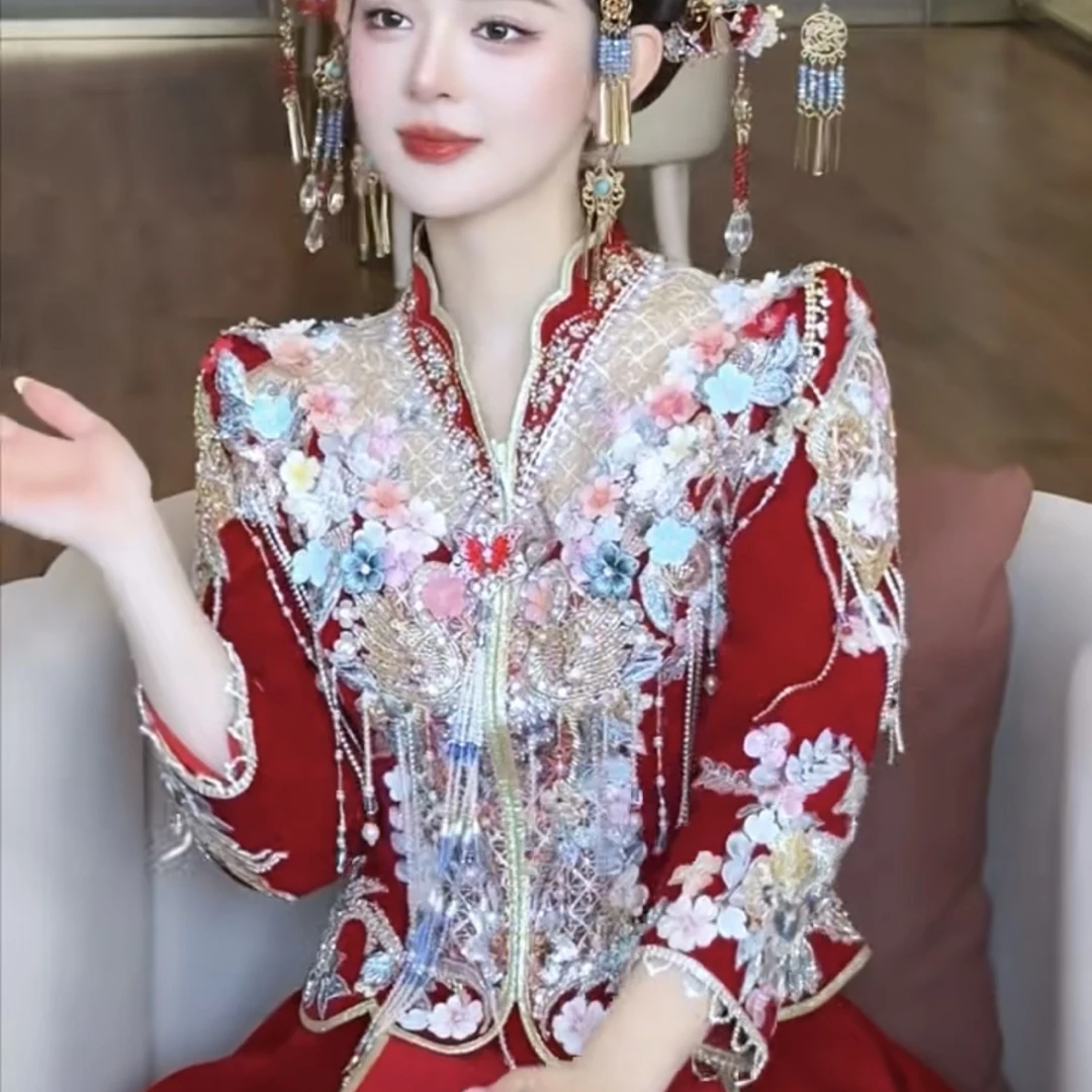 壹莱嫁衣新娘秀禾服奢华丝绒裙飘钻条版复古正红色