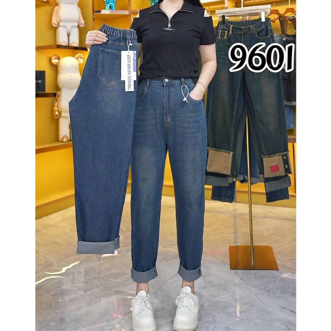 松紧弹力腰围哈伦裤女 2025春夏新款宽松显瘦卷边牛仔裤